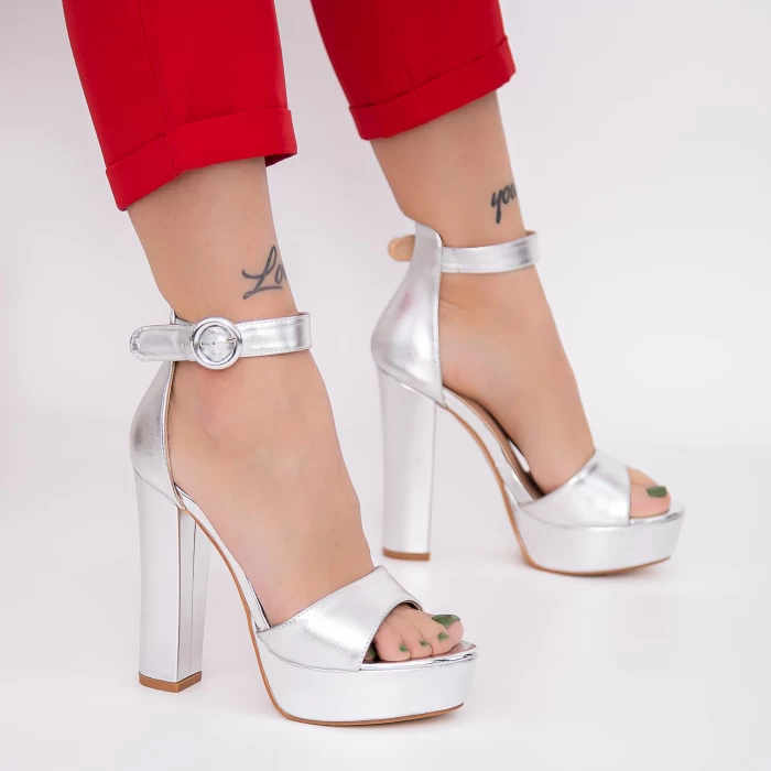 Sandale Dama cu Toc gros si Platforma KV50 Silver » meishop.life