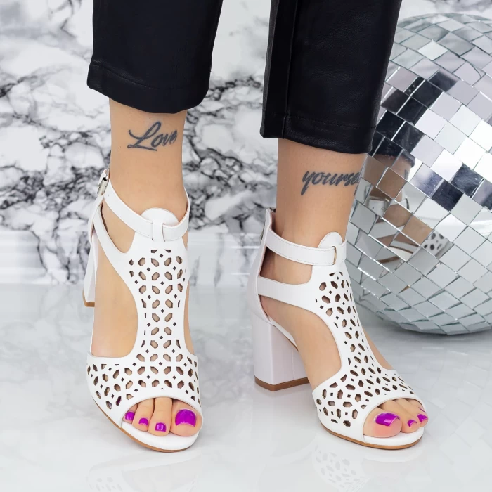 Sandale Dama cu Toc gros 2XKK98 Alb » meishop.life