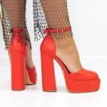 Pantofi cu Toc gros si Platforma 3KV2 Rosu inchis » meishop.life