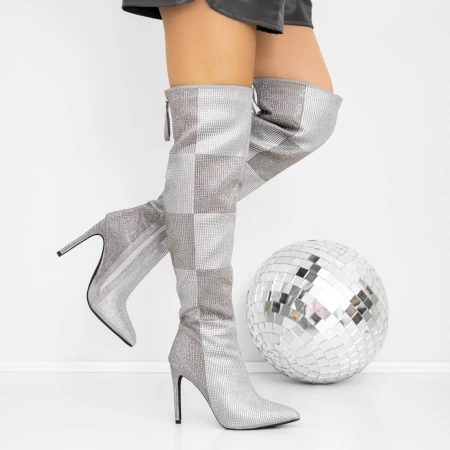 Cizme Dama cu Toc subtire 3JF12 Gri » meishop.life