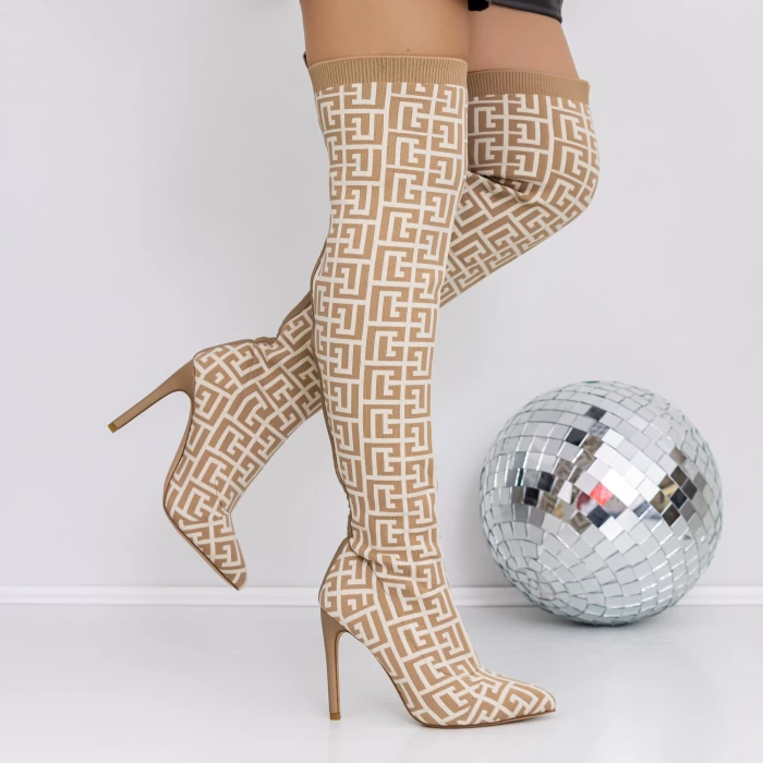 Cizme Dama cu Toc subtire 3JF9 Bej » meishop.life