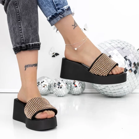 Papuci Dama cu Platforma 3GZ52 Negru-Champagne » meishop.life