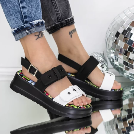 Sandale Dama cu Platforma 3HXS79 Alb-Negru » meishop.life