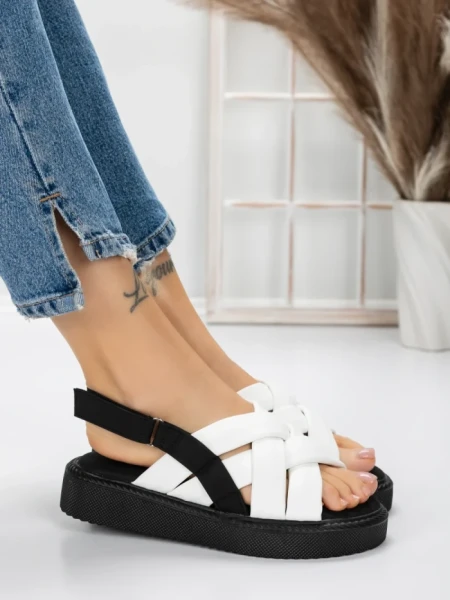 Sandale Dama cu Talpa Joasa 5H17 WHITE-BLACK | MEI