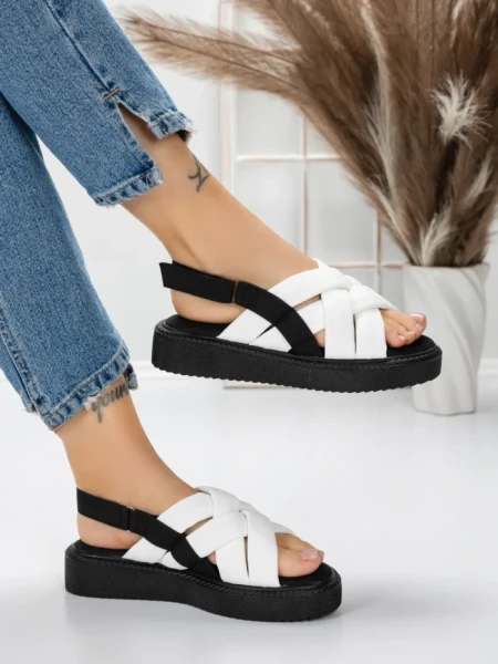 Sandale Dama cu Talpa Joasa 5H17 WHITE-BLACK | MEI
