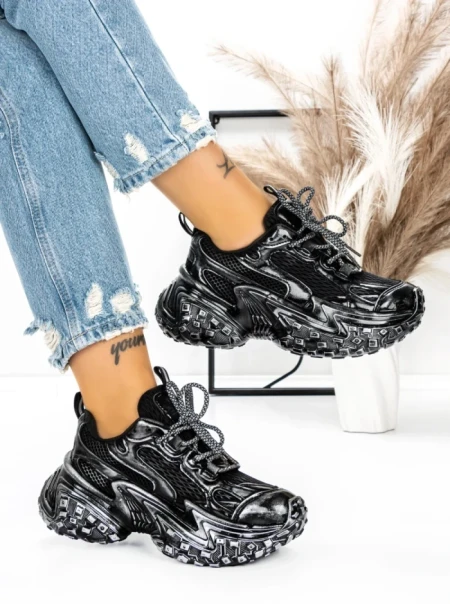 Pantofi Sport Dama cu Platforma 5WL83 BLACK-SILVER | MEI