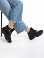 Ghete dama negre din piele ecologica si material textil Paityn