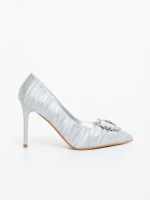 Pantofi dama cu toc argintii din material textil Severa