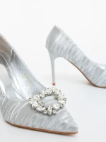 Pantofi dama cu toc argintii din material textil Severa