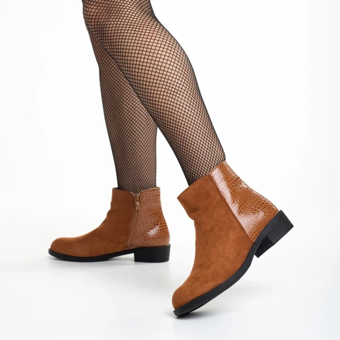 Botine dama camel din piele ecologica si material textil Ivy