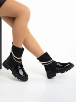 Cizme dama negre din piele ecologica lacuita si material textil Caralyn