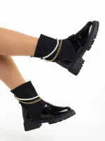Cizme dama negre din piele ecologica lacuita si material textil Caralyn