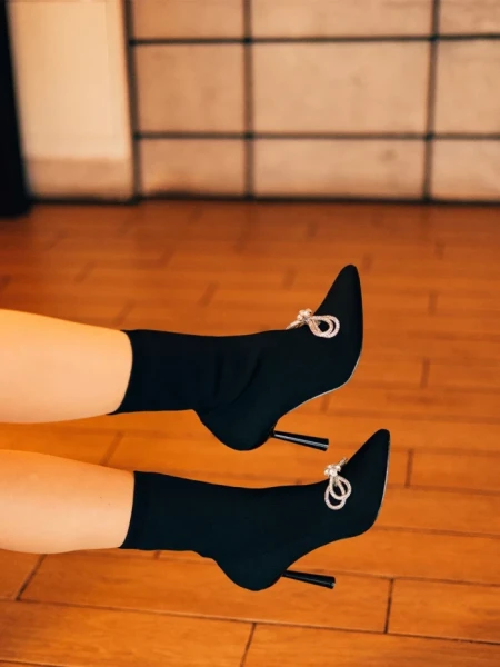 Botine dama cu toc negre din material textil Zemira