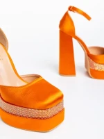 Pantofi dama portocalii cu toc din material textil Darya
