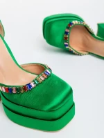 Pantofi dama verzi din material textil cu toc Dulce