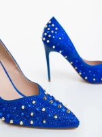 Pantofi dama cu toc albastri din material textil Zamera