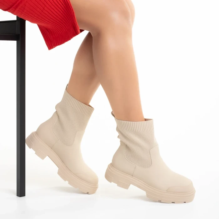 Botine dama bej din piele ecologica si material textil Chiara