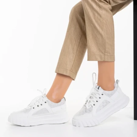 Pantofi sport dama albi din piele ecologica si material textil Meriz