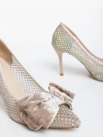 Pantofi dama bej cu toc din material textil Marliss