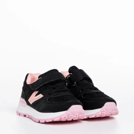 Pantofi sport copii negri cu roz din piele ecologica Rockie