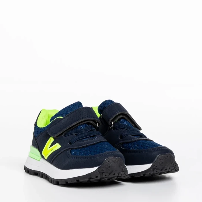 Pantofi sport copii albastri cu verde din piele ecologica Rockie