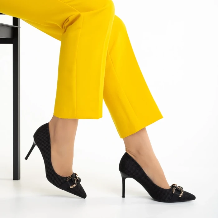 Pantofi dama negri din material textil cu toc Rosette