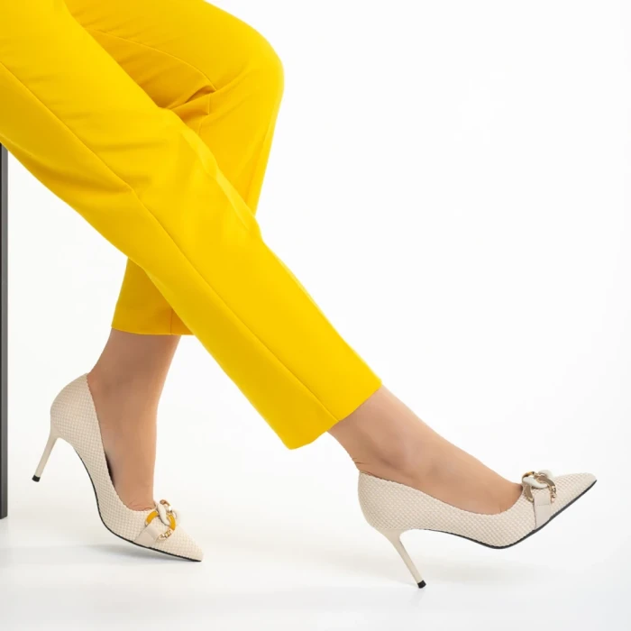 Pantofi dama bej din material textil cu toc Rosette