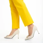 Pantofi dama bej din material textil cu toc Rosette