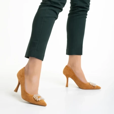 Pantofi dama camel din material textil cu toc Ziara