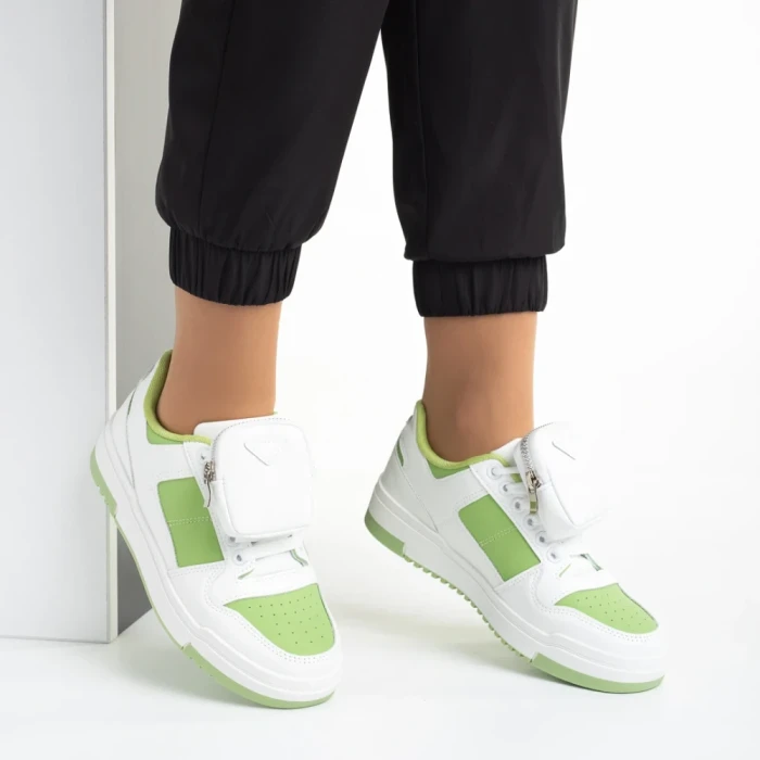 Pantofi sport dama albi cu verde din piele ecologica Inola