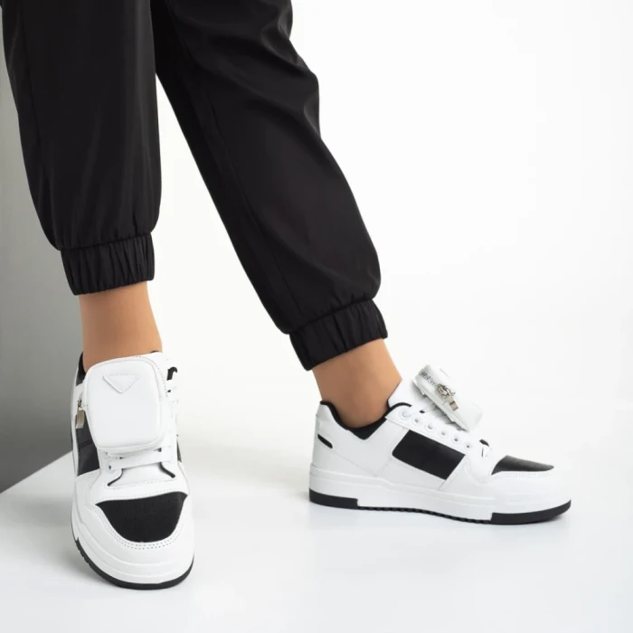 Pantofi sport dama albi cu negru din piele ecologica Inola