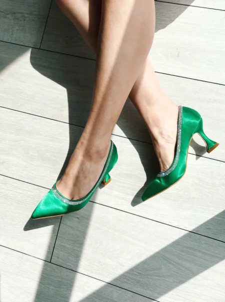 Pantofi dama verzi cu toc din material textil Tanica