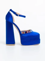 Pantofi dama albastri din material textil cu toc Dulce