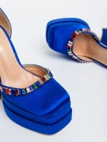 Pantofi dama albastri din material textil cu toc Dulce