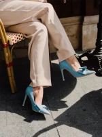 Pantofi dama albastri cu toc din material textil Senovia