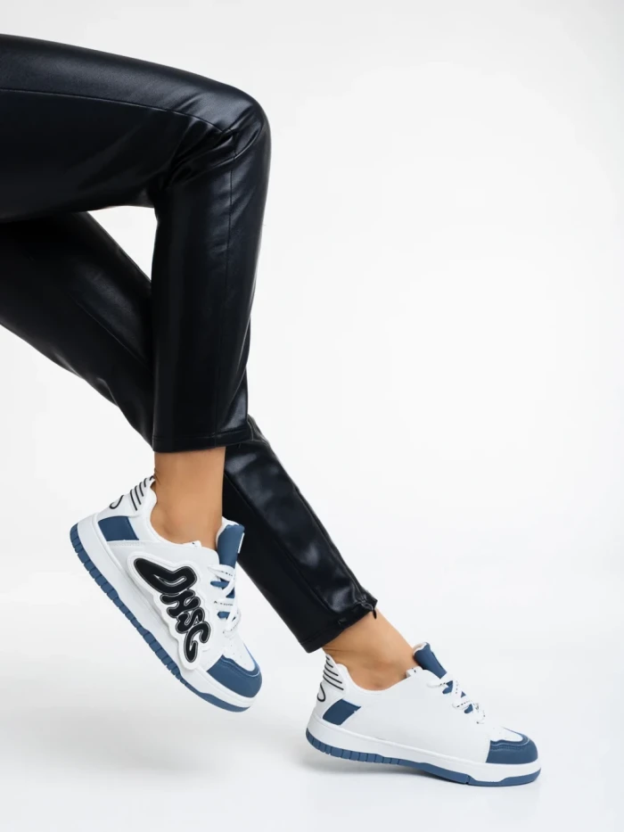 Pantofi sport dama albi cu albastru din piele ecologica Azurine