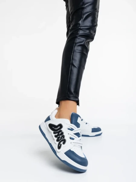 Pantofi sport dama albi cu albastru din piele ecologica Azurine