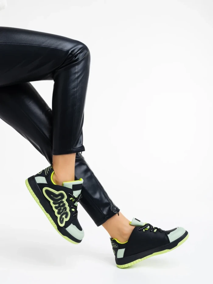 Pantofi sport dama negri cu verde din piele ecologica Azurine