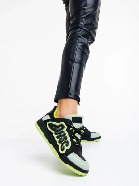 Pantofi sport dama negri cu verde din piele ecologica Azurine