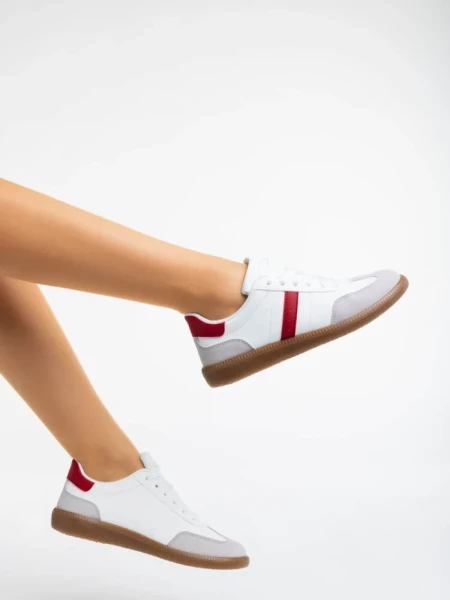 Pantofi sport dama albi cu rosu din piele ecologica Liliha