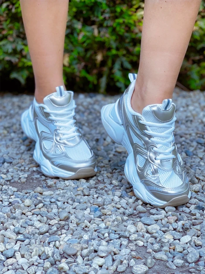 Pantofi sport dama aurii din piele ecologica si material textil Kiani