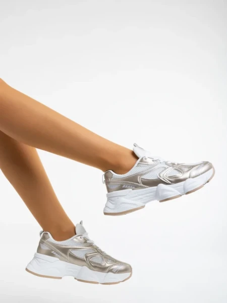 Pantofi sport dama aurii din piele ecologica si material textil Kiani