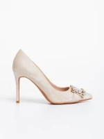 Pantofi dama bej cu toc din material textil Georgyna