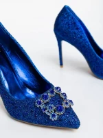 Pantofi dama albastri cu toc din material textil Xanthia