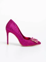 Pantofi dama fucsia cu toc din material textil Xanthia