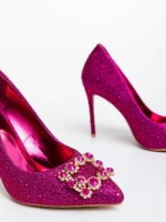 Pantofi dama fucsia cu toc din material textil Xanthia