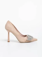 Pantofi dama bej cu toc din material textil Tiphanie