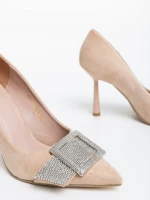 Pantofi dama bej cu toc din material textil Tiphanie