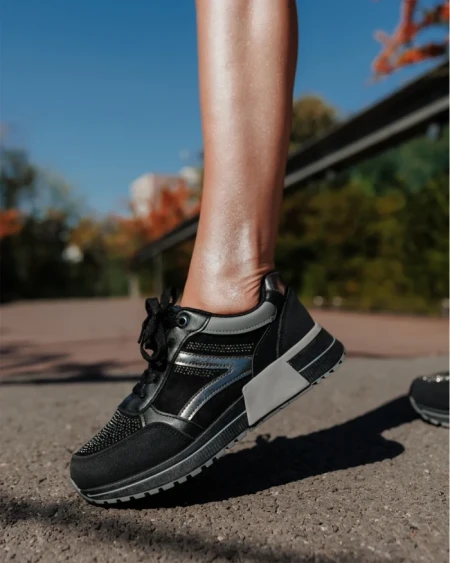Pantofi sport dama negri din material textil si piele ecologica Ravenna