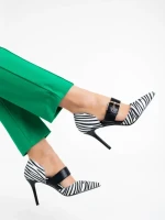 Pantofi dama albi cu negru cu toc din material textil Sadiya